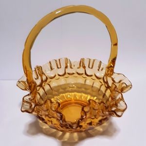 LARGE Vintage FENTON Amber Glass RUFFLED BASKET 8"